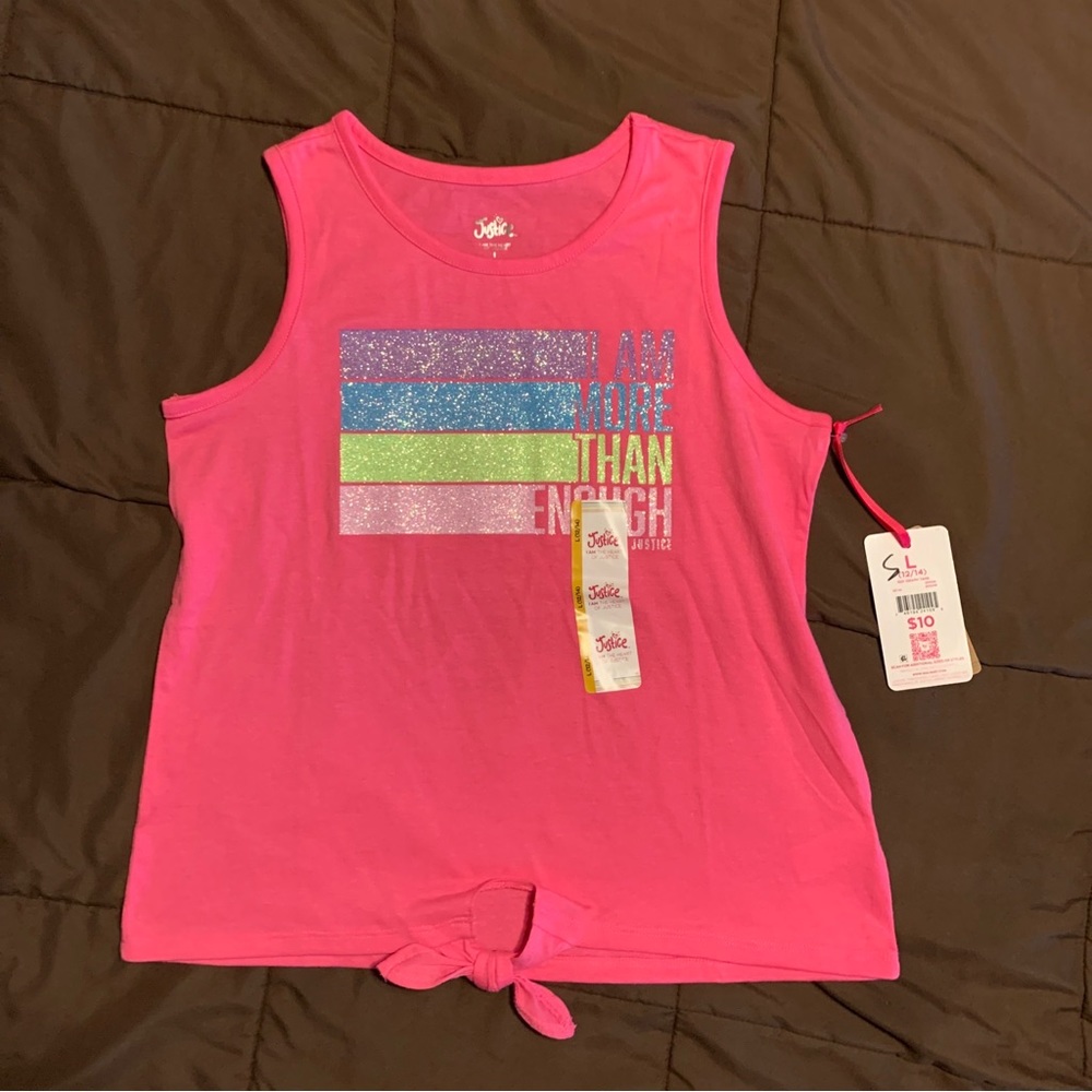 Justice Girl's Size L (12/14) "I AM MORE THAN ENOUGH" Pink Glitter Top New